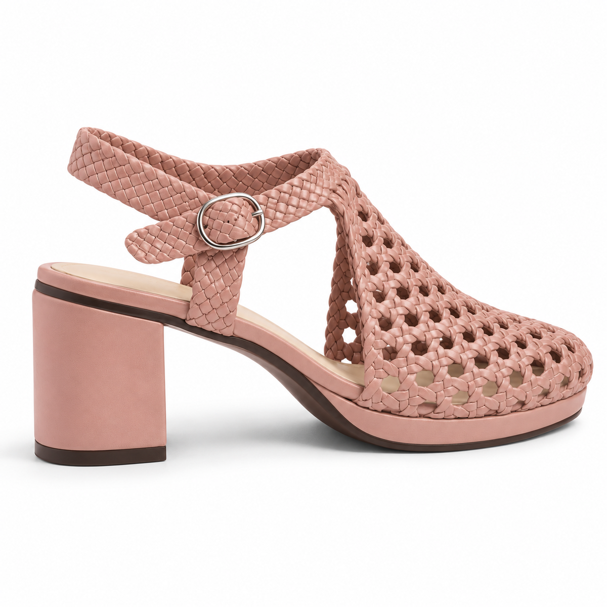 Vesba 5cm — Dusty pink woven shoe with a block heel, rear angled view — Scarpe Handmade