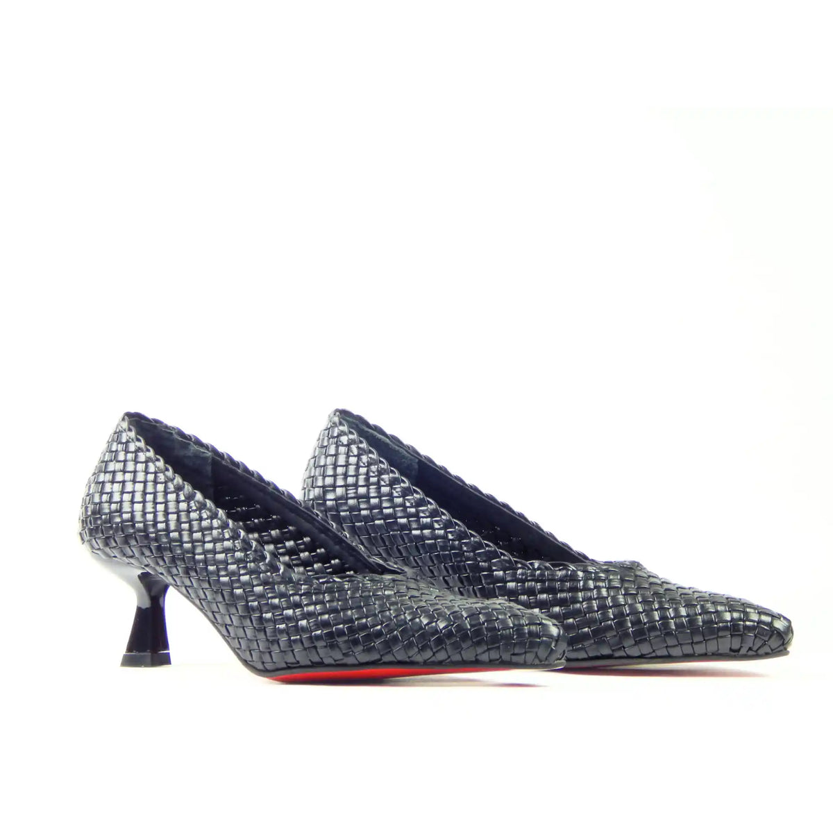 Pair of black woven heels, angled view