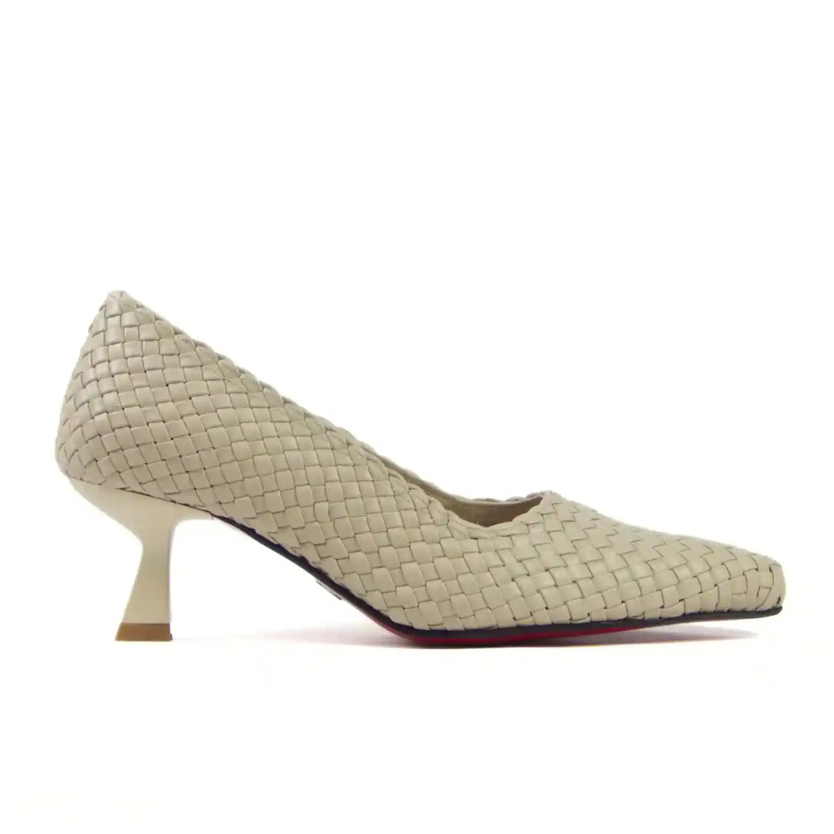Beige woven pointed-toe heel, side view