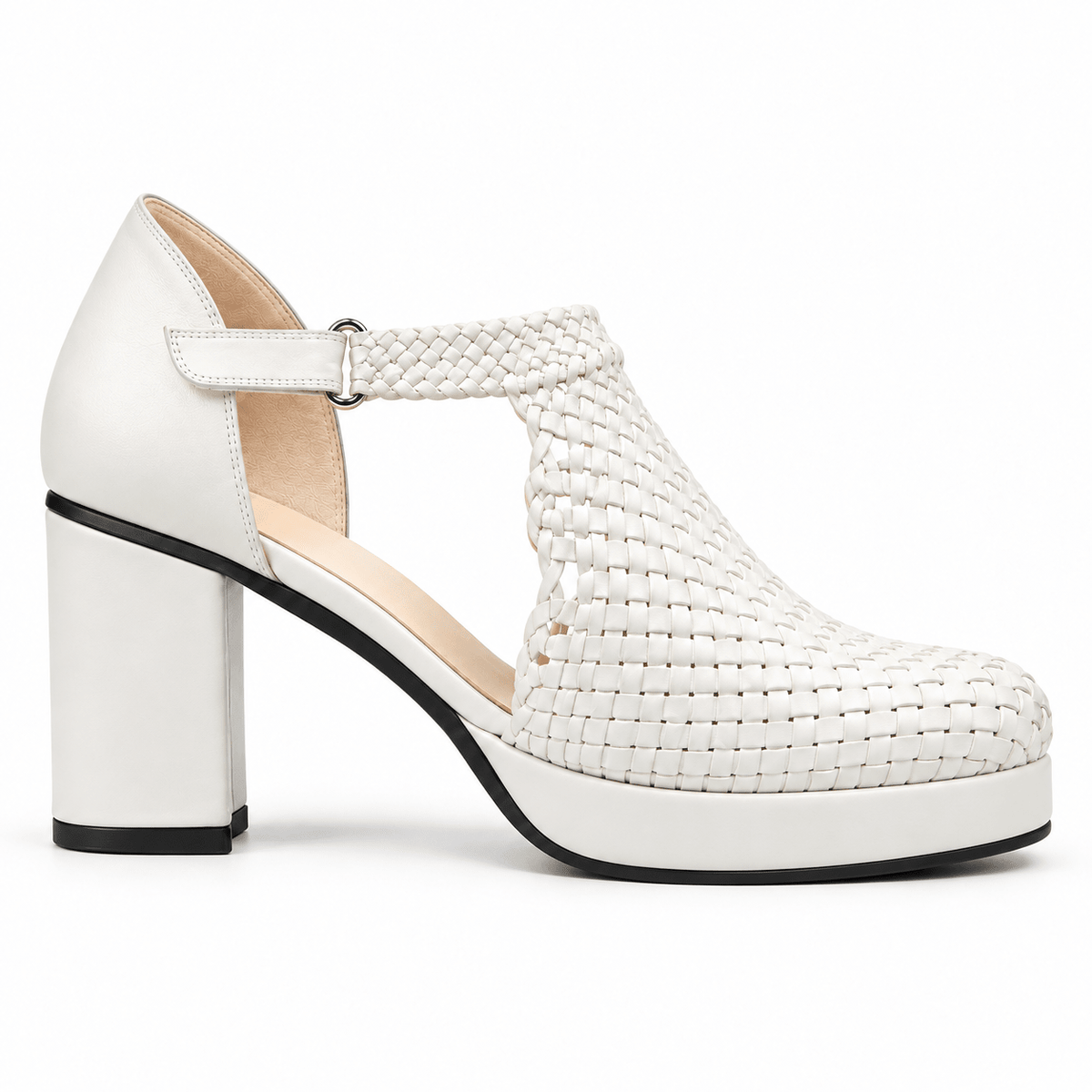 Margaret 7cm handmade woven T-bar block-heel sandals - White, photo 1 - Scarpe Handmade