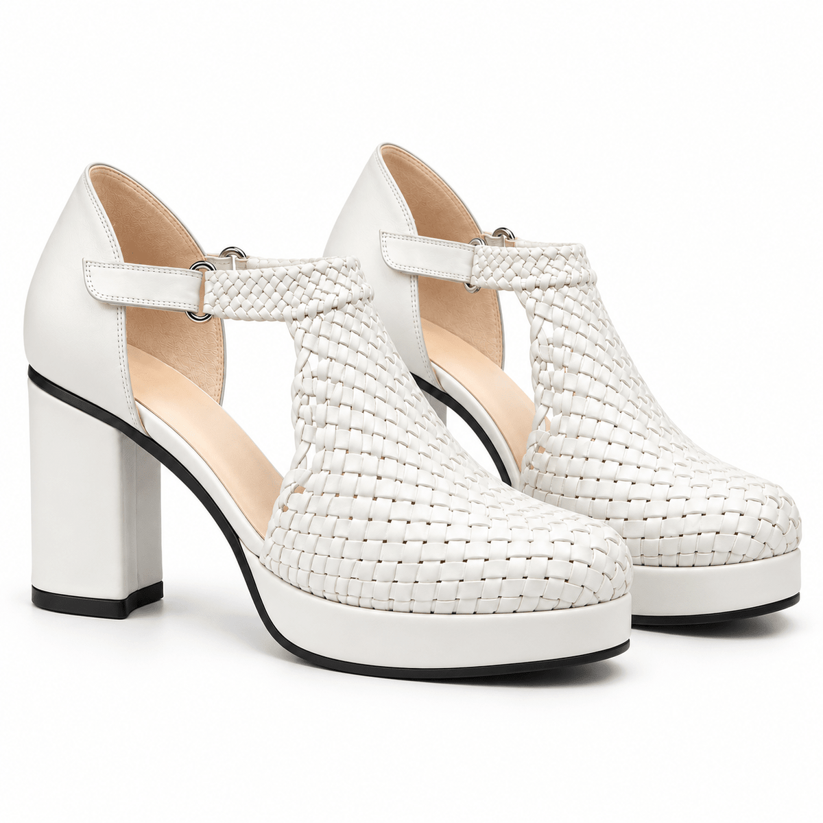 Margaret 7cm handmade woven T-bar block-heel sandals - White, photo 2 - Scarpe Handmade