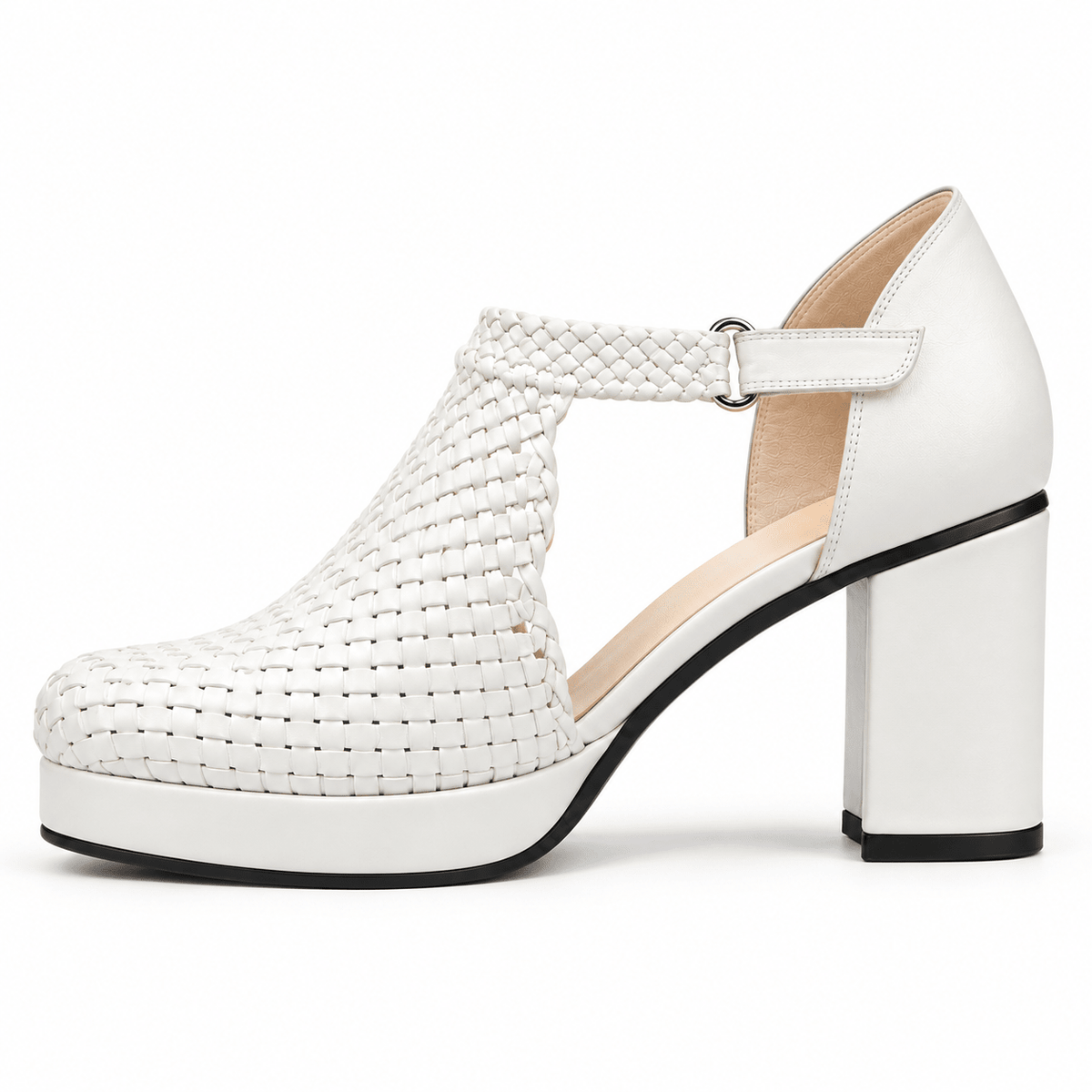 Margaret 7cm handmade woven T-bar block-heel sandals - White, photo 3 - Scarpe Handmade