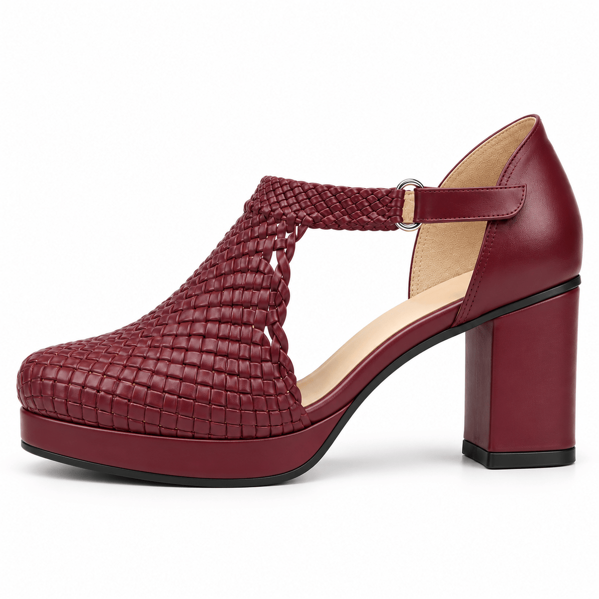 Margaret 7cm handmade woven T-bar block-heel sandals - Burgundy, photo 3 - Scarpe Handmade
