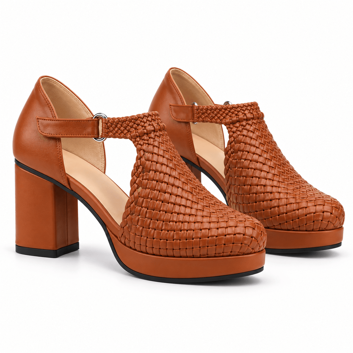 Margaret 7cm handmade woven T-bar block-heel sandals - Havanna, photo 4 - Scarpe Handmade