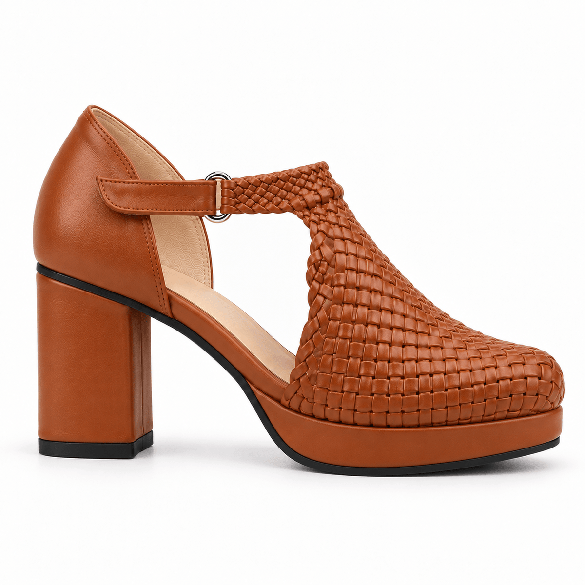 Margaret 7cm handmade woven T-bar block-heel sandals - Havanna, photo 1 - Scarpe Handmade