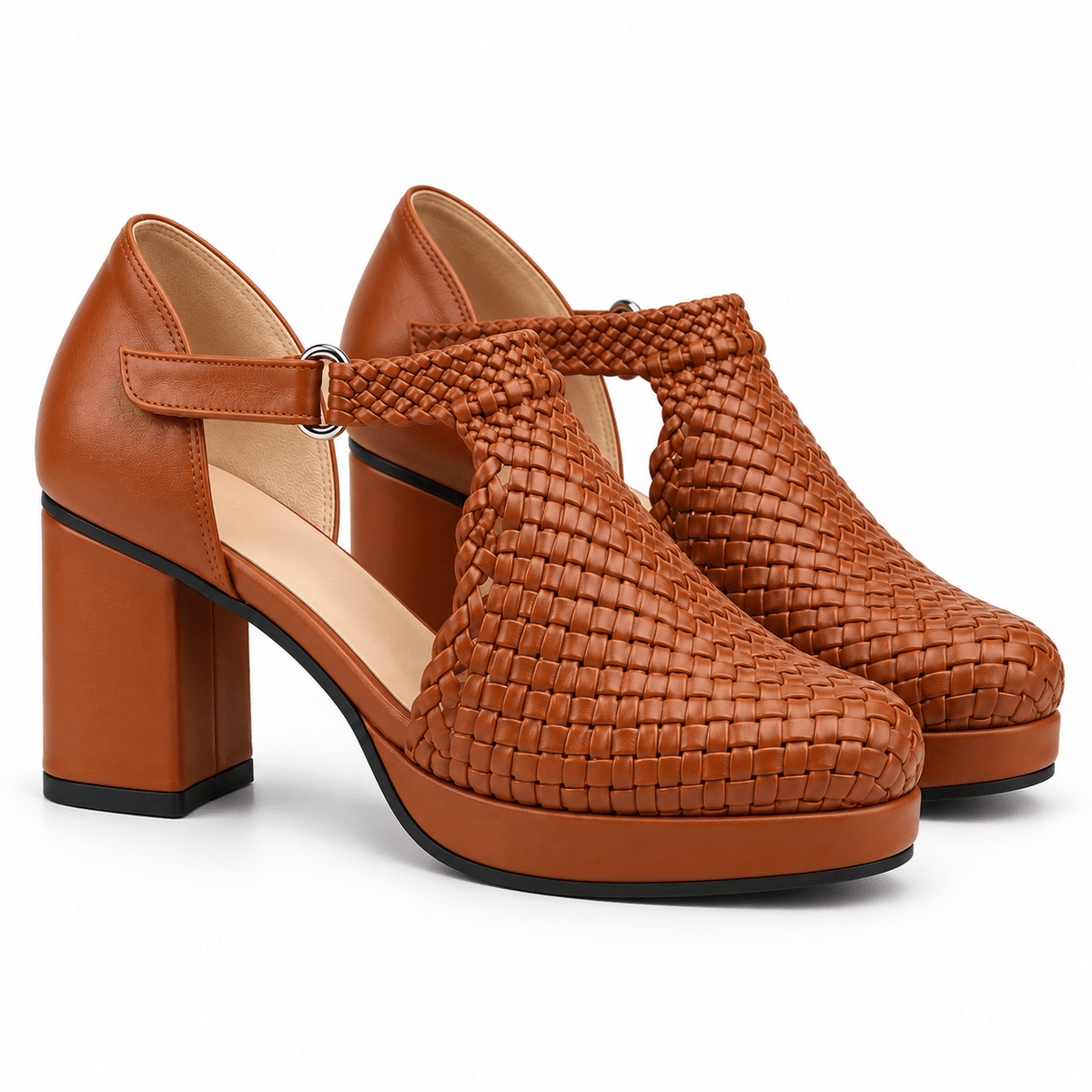 Margaret 7cm handmade woven T-bar block-heel sandals - Havanna, photo 2 - Scarpe Handmade