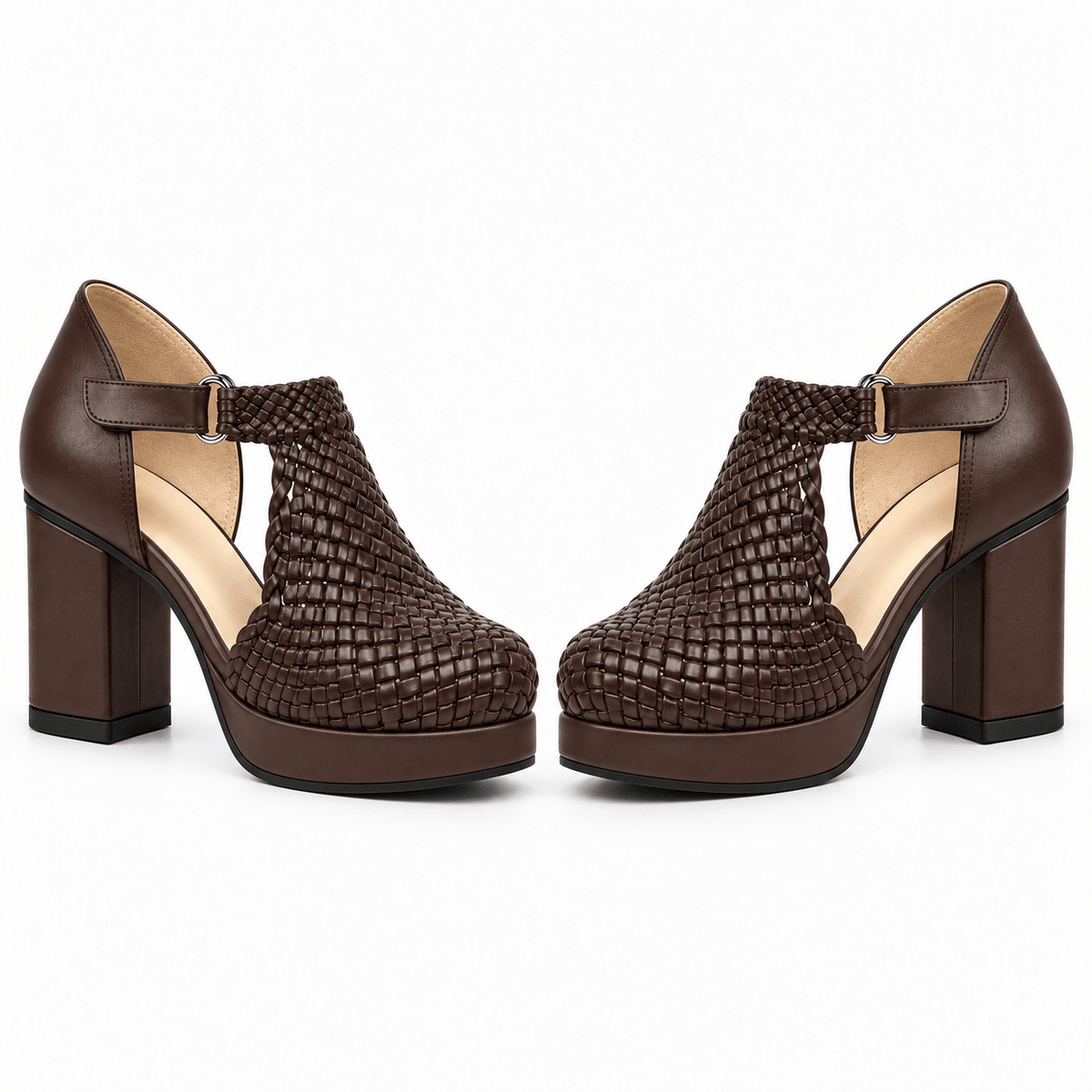 Margaret 7cm handmade woven T-bar block-heel sandals - Brown, photo 4 - Scarpe Handmade