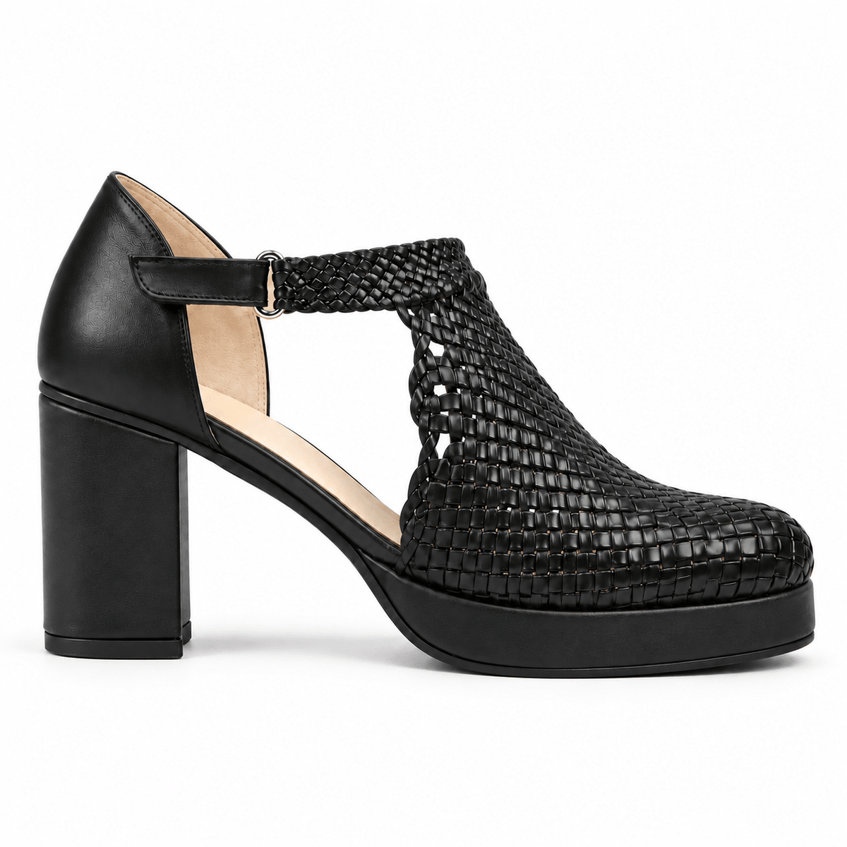Margaret 7cm handmade woven T-bar block-heel sandals - Black, photo 1 - Scarpe Handmade