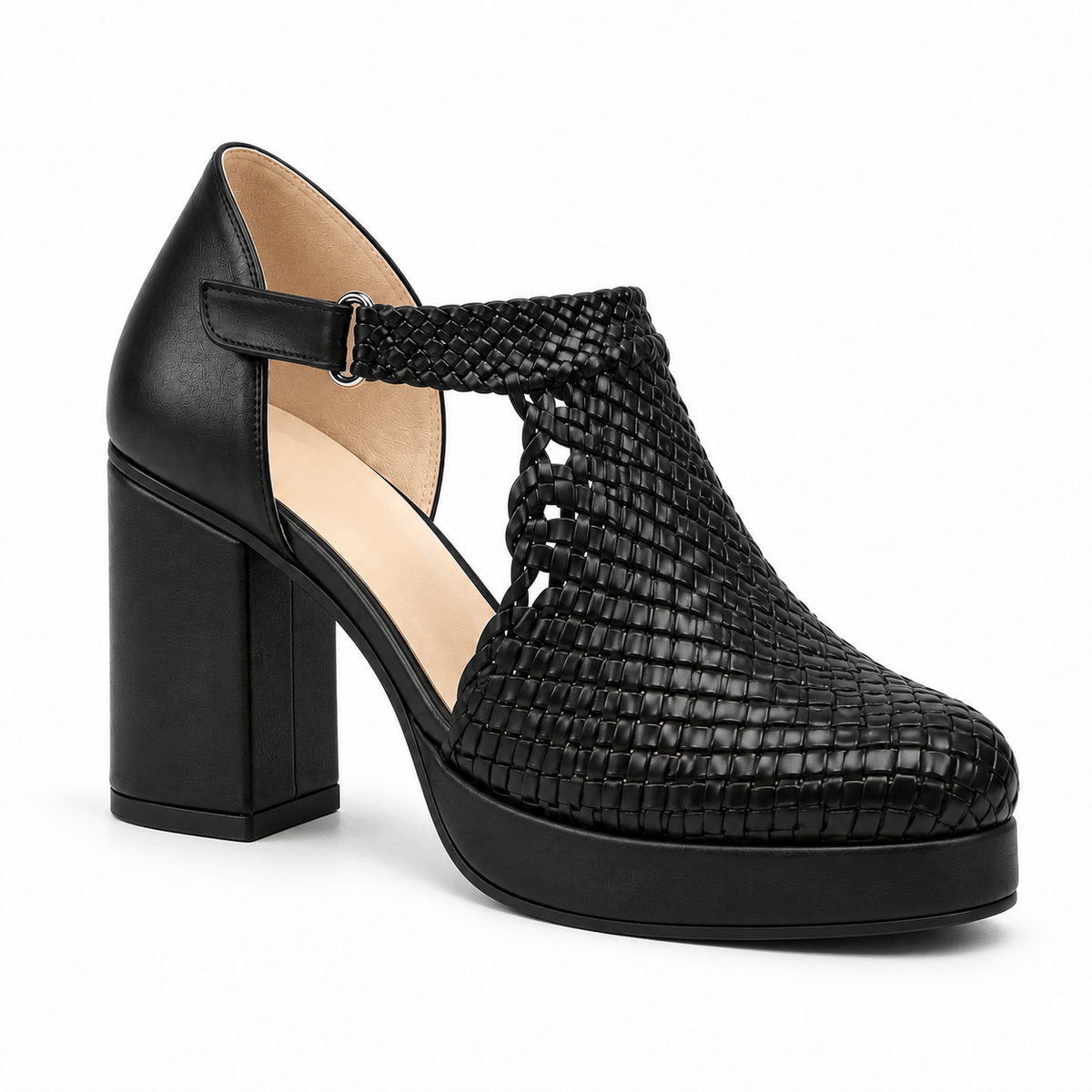 Margaret 7cm handmade woven T-bar block-heel sandals - Black, photo 2 - Scarpe Handmade