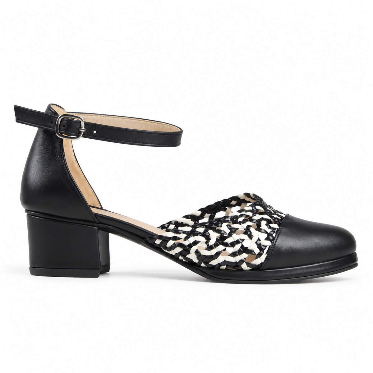 Good Morning 3cm — Black shoe with a black-and-white woven panel, side view — Scarpe Handmade