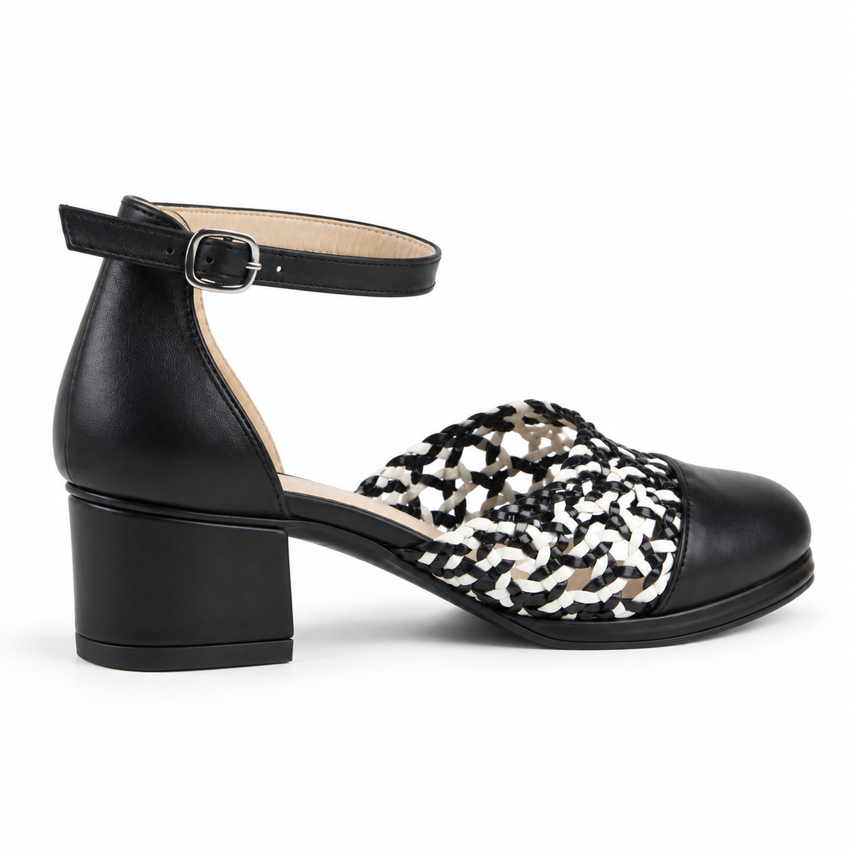 Good Morning 3cm — Black shoe with a black-and-white woven panel, angled side view — Scarpe Handmade