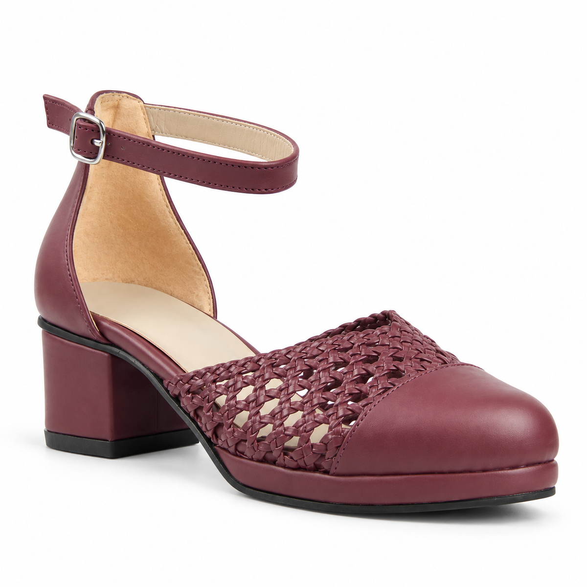 Good Morning 3cm — Burgundy shoe with an ankle strap and woven panel, front angled view — Scarpe Handmade