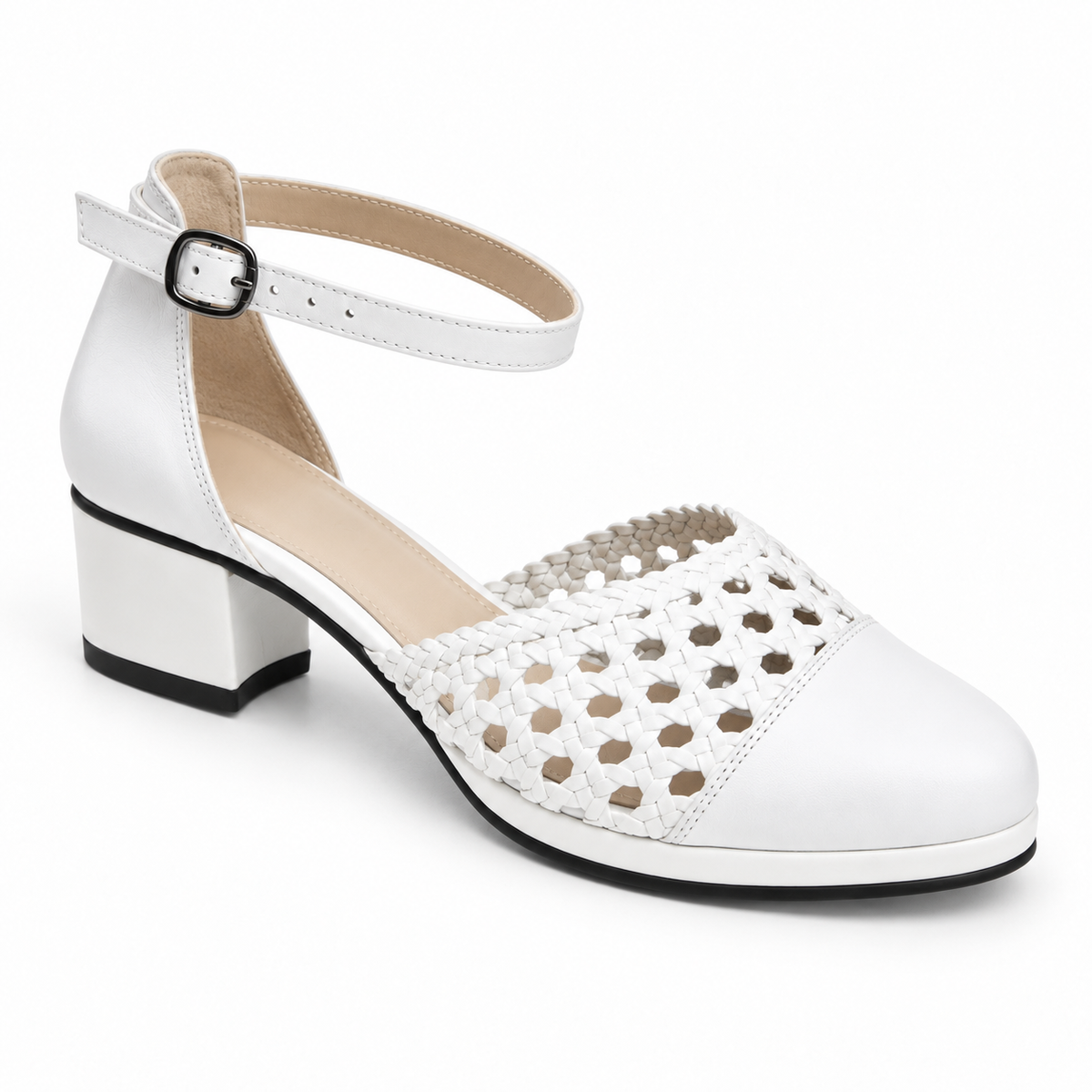 Good Morning 3cm — White shoe with an ankle strap and woven panel, angled view — Scarpe Handmade