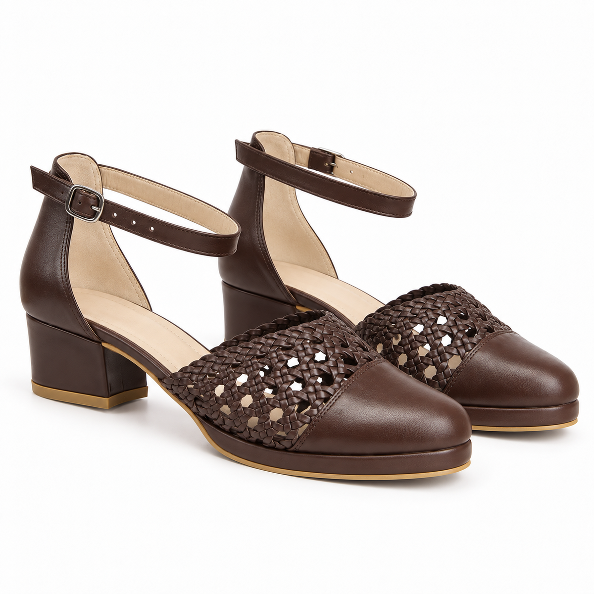 Good Morning 3cm — Brown pair with ankle straps, woven panels and low block heels — Scarpe Handmade