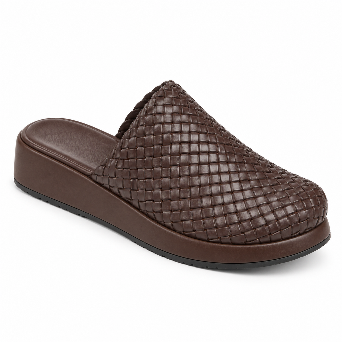 Sabot wedge 3cm — Dark brown woven slip-on mule with a wedge sole, front angled view — Scarpe Handmade
