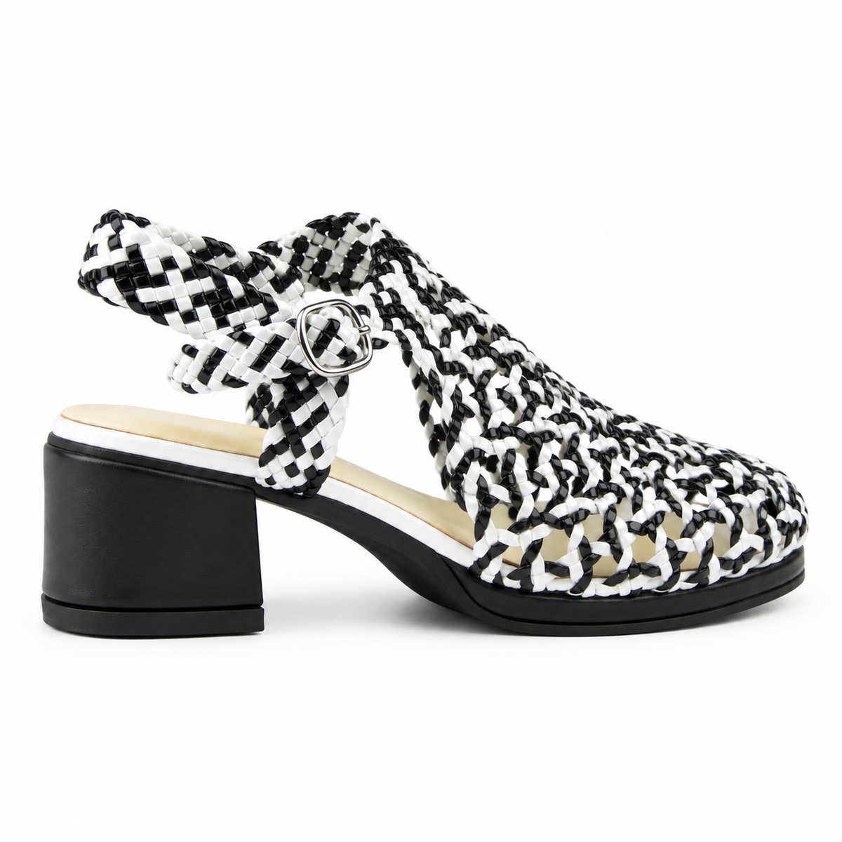 Vesba 3cm — Black-and-white patterned woven shoe with a block heel, rear angled view — Scarpe Handmade