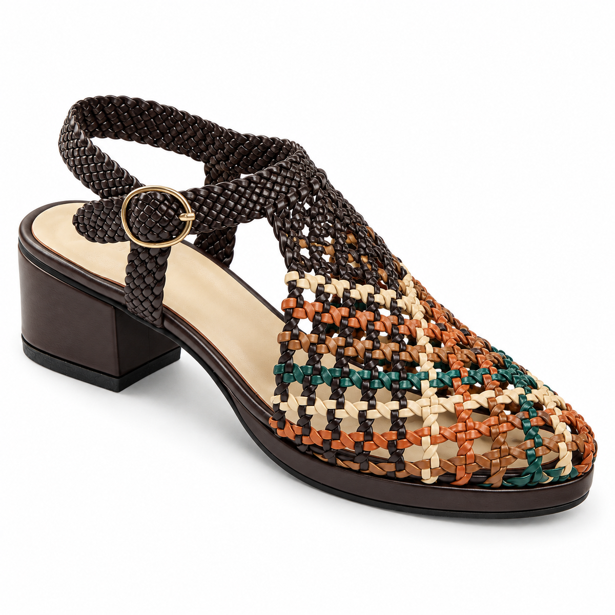 Vesba 3cm — Brown with a multicolored woven front woven shoe with a block heel, top angled view — Scarpe Handmade