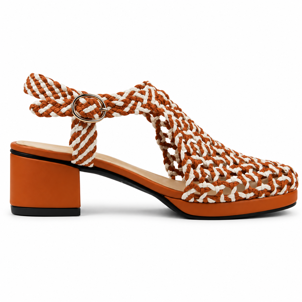 Vesba 3cm — Tan-and-white patterned woven shoe with a block heel, side view — Scarpe Handmade