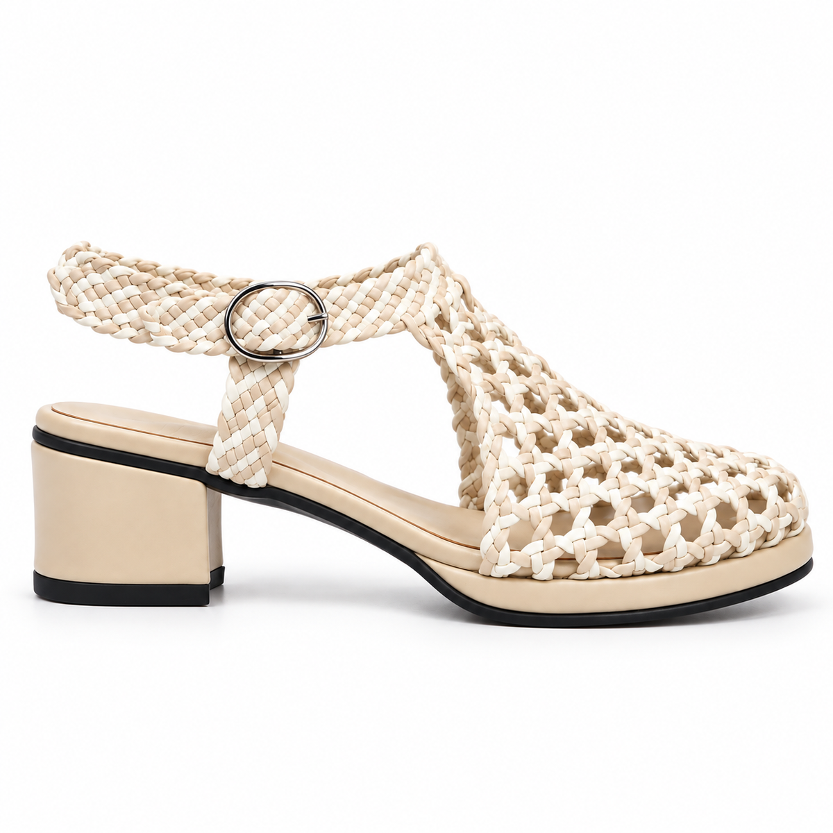 Vesba 3cm — Cream woven shoe with a block heel, side view — Scarpe Handmade