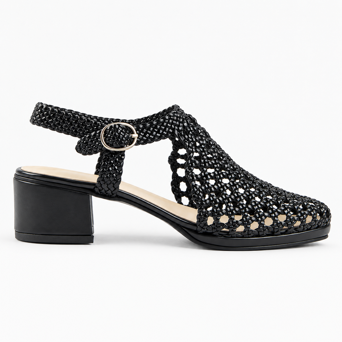 Vesba 3cm — Black woven shoe with a block heel, side view — Scarpe Handmade