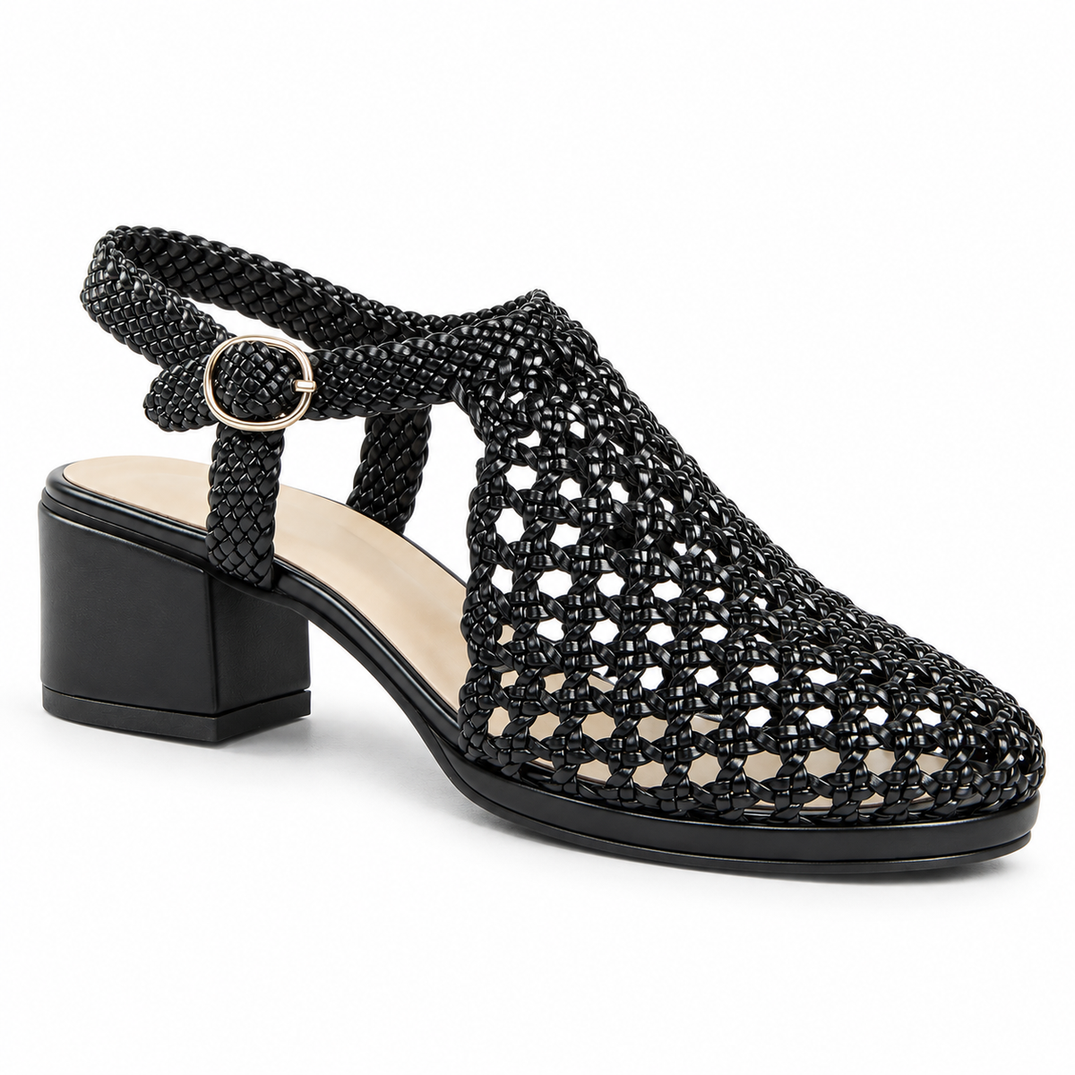 Vesba 3cm — Black woven shoe with a block heel, front angled view — Scarpe Handmade