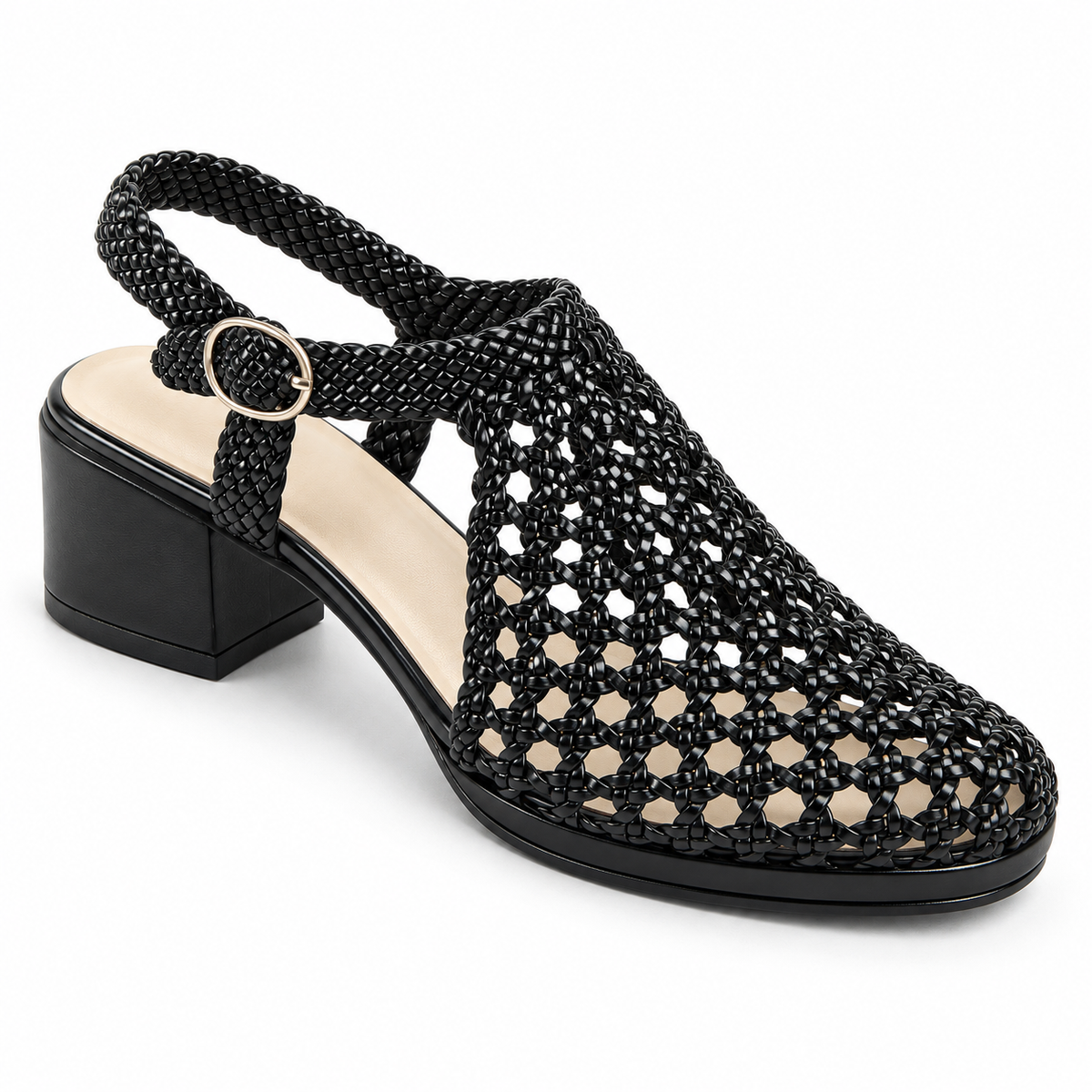 Vesba 3cm — Black woven shoe with a block heel, top angled view — Scarpe Handmade