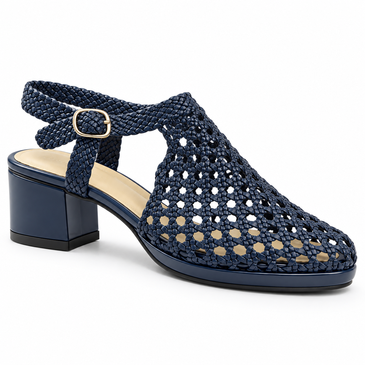 Vesba 3cm — Navy woven shoe with a block heel, front angled view — Scarpe Handmade
