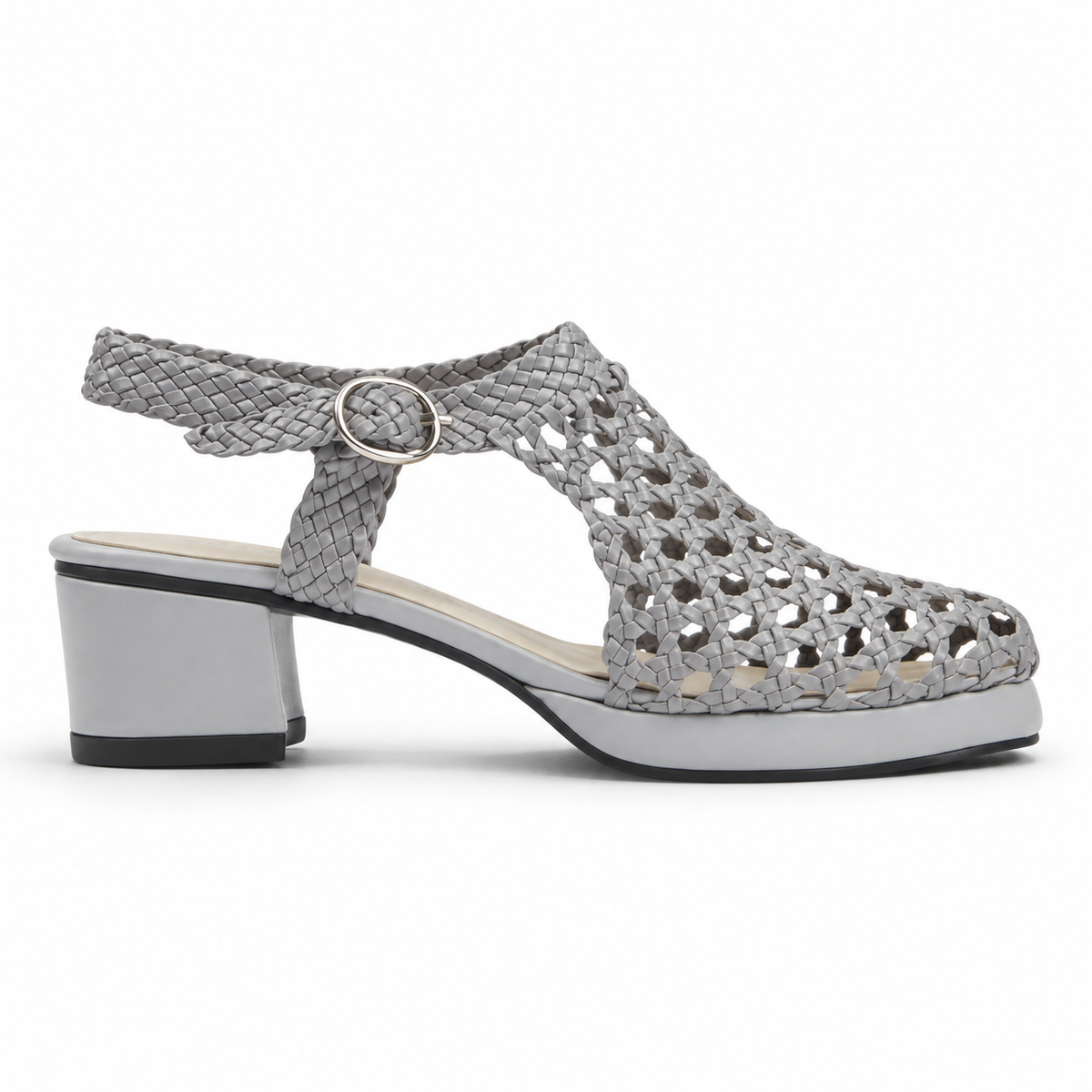 Vesba 3cm — Silver woven shoe with a block heel, side view — Scarpe Handmade