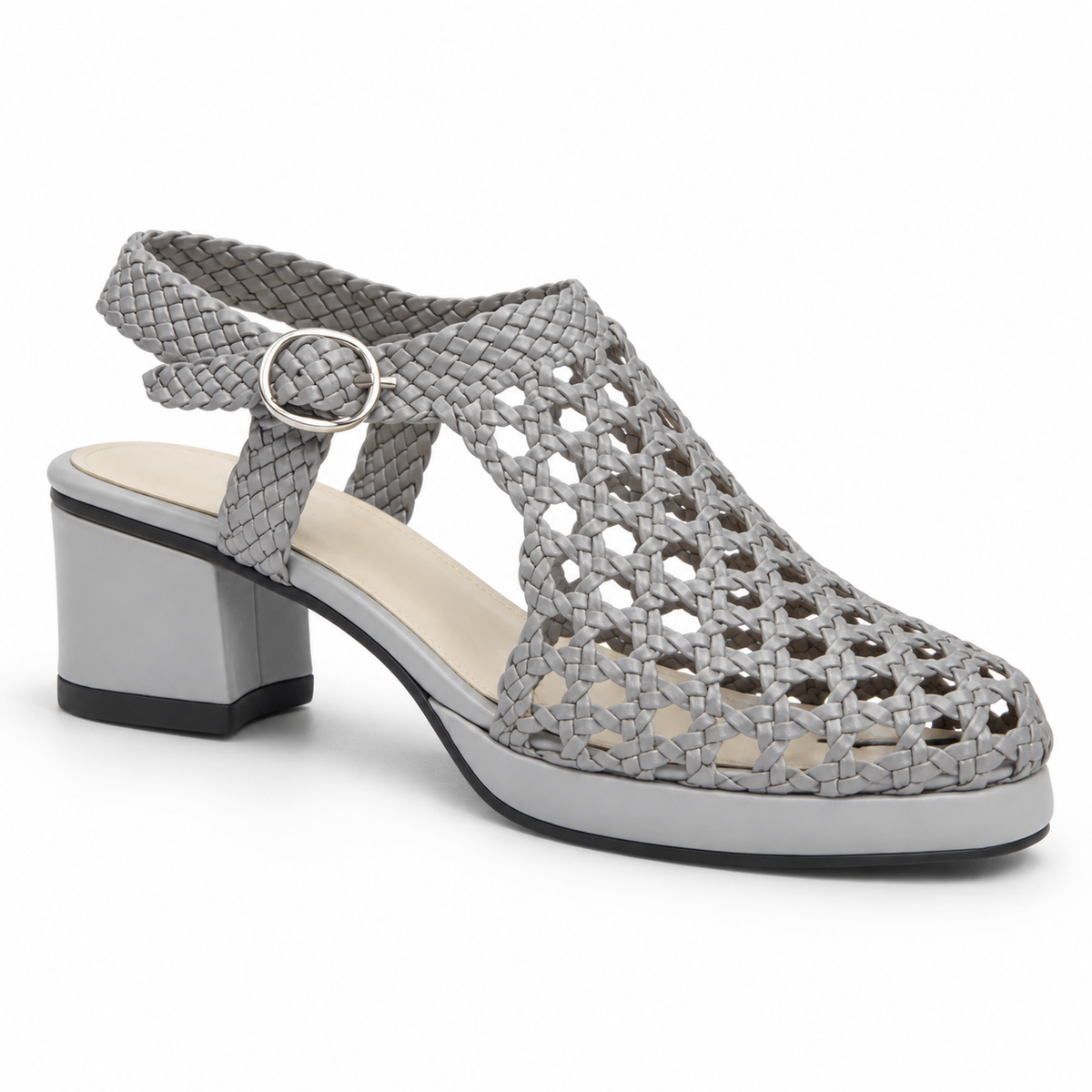 Vesba 3cm — Silver woven shoe with a block heel, front angled view — Scarpe Handmade