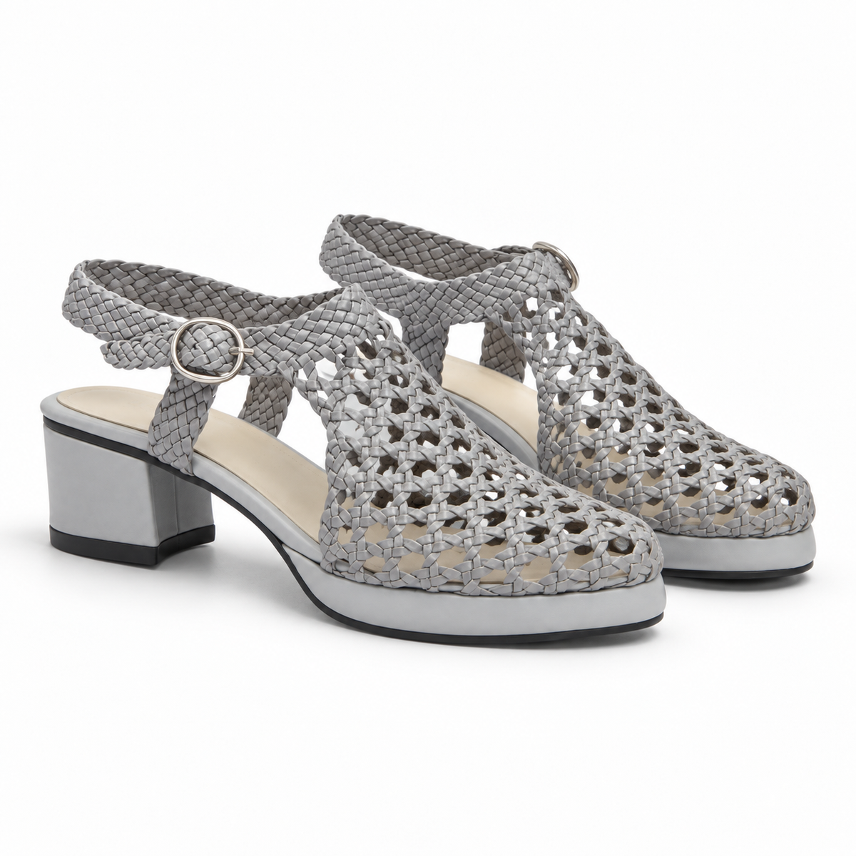 Vesba 3cm — Silver woven shoe with a block heel, pair, front angled view — Scarpe Handmade