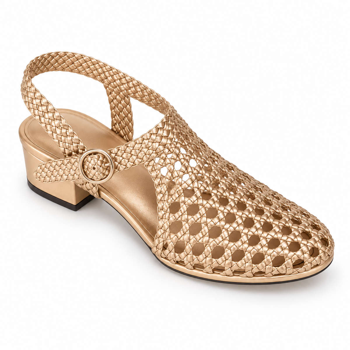 Vesba 3cm — Gold woven shoe with a block heel, top angled view — Scarpe Handmade