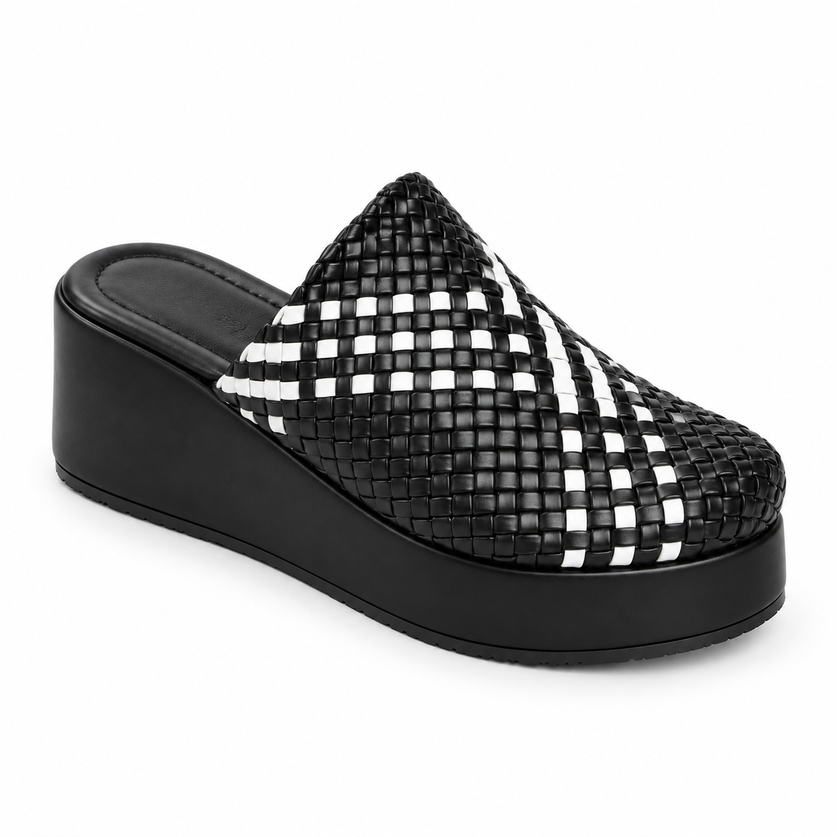 Sabot wedge 6cm — Black with white checked bands woven slip-on mule with a wedge sole, front angled view — Scarpe Handmade