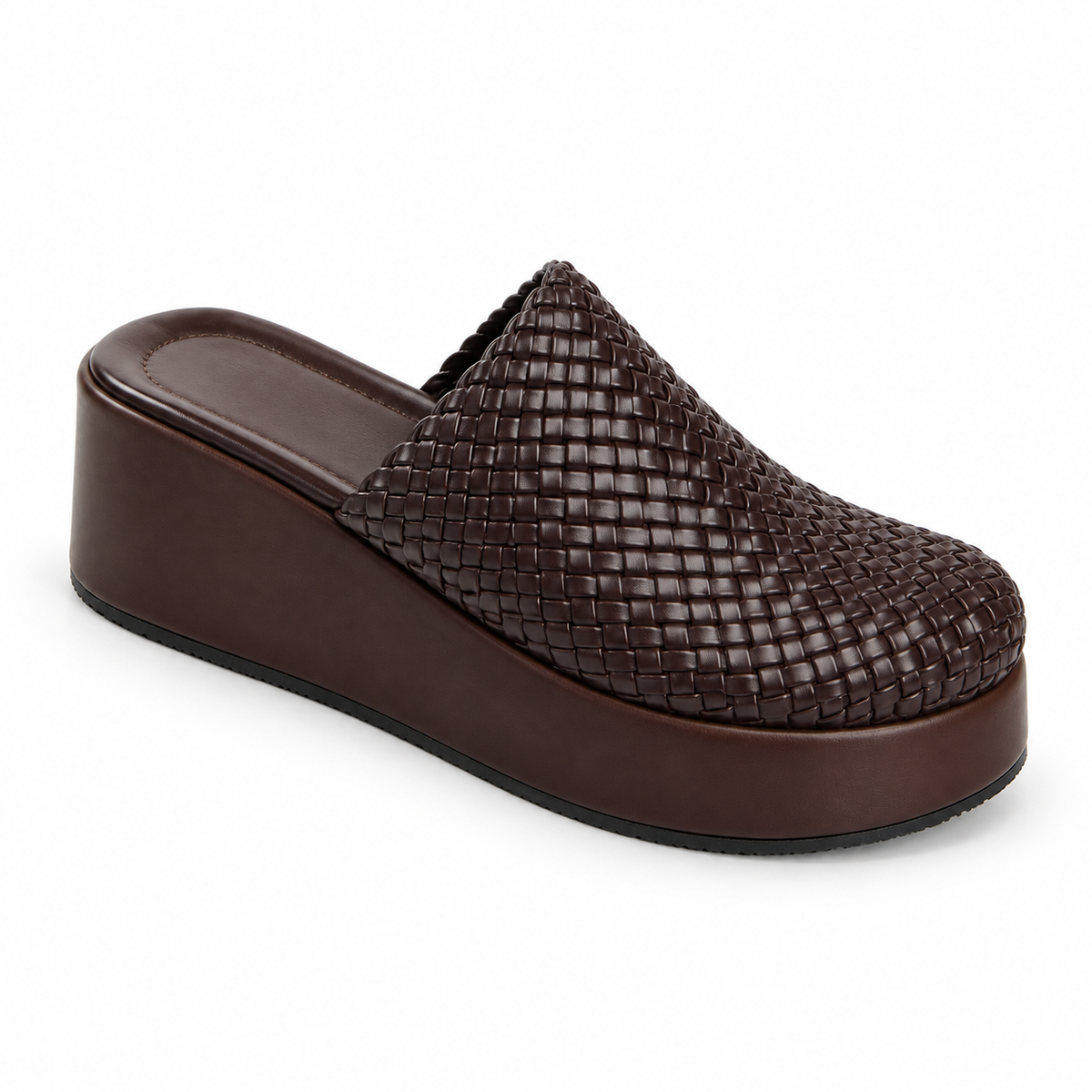 Sabot wedge 6cm — Dark brown woven slip-on mule with a wedge sole, front angled view — Scarpe Handmade