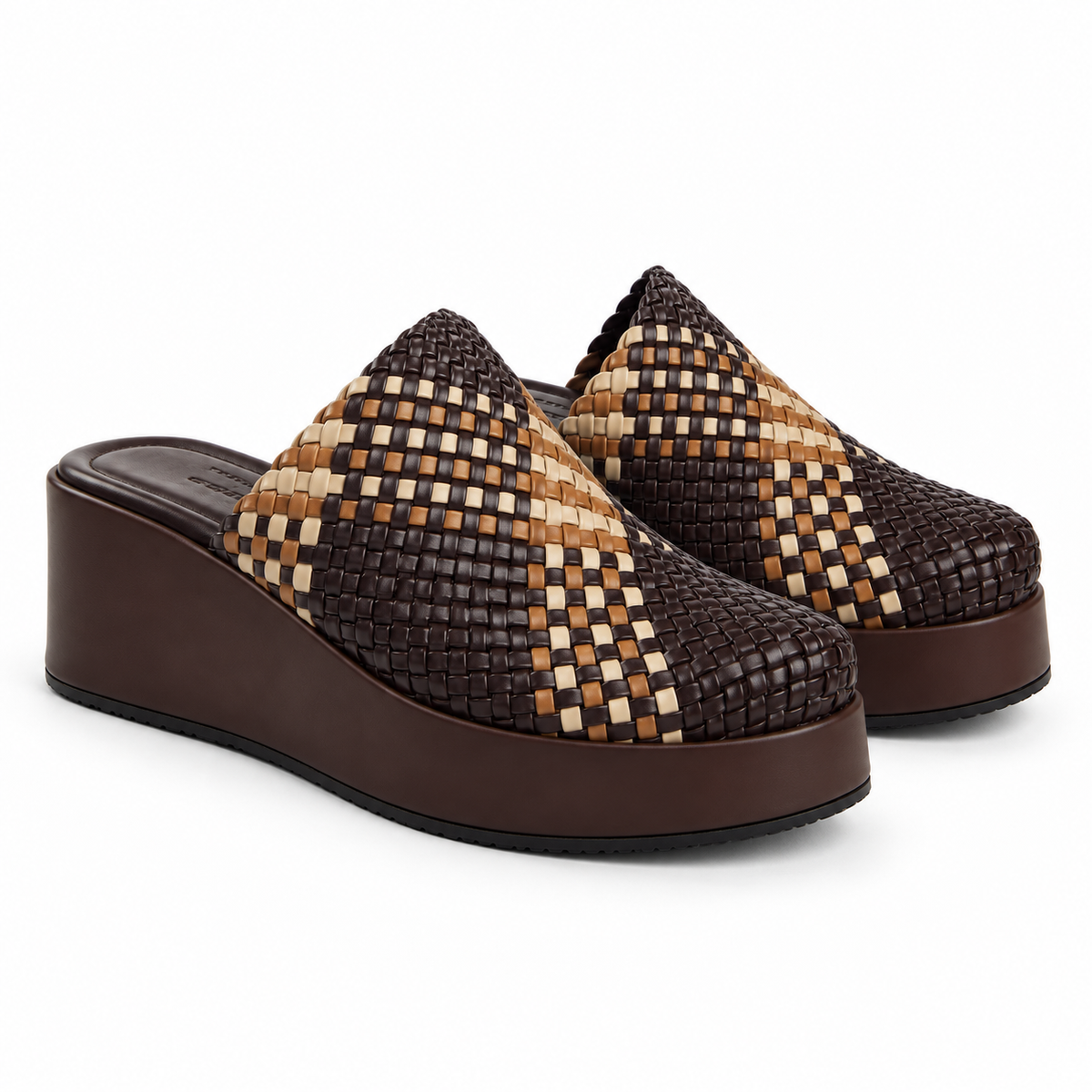Sabot wedge 6cm — Brown with a tan checked band woven slip-on mule with a wedge sole, pair, angled view — Scarpe Handmade