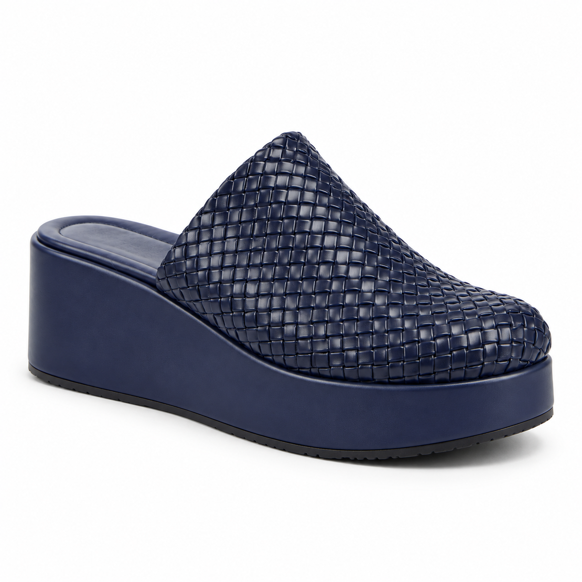 Sabot wedge 6cm — Navy woven slip-on mule with a wedge sole, front angled view — Scarpe Handmade