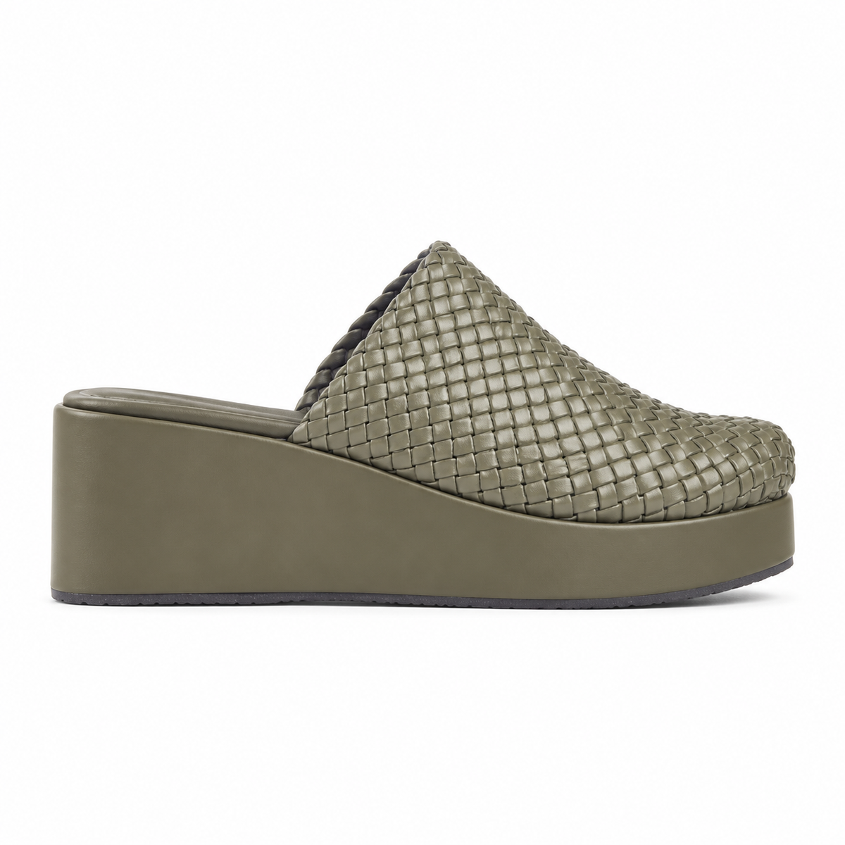 Sabot wedge 6cm — Olive woven slip-on mule with a wedge sole, side view — Scarpe Handmade