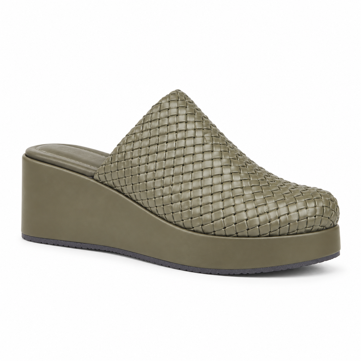 Sabot wedge 6cm — Olive woven slip-on mule with a wedge sole, front angled view — Scarpe Handmade