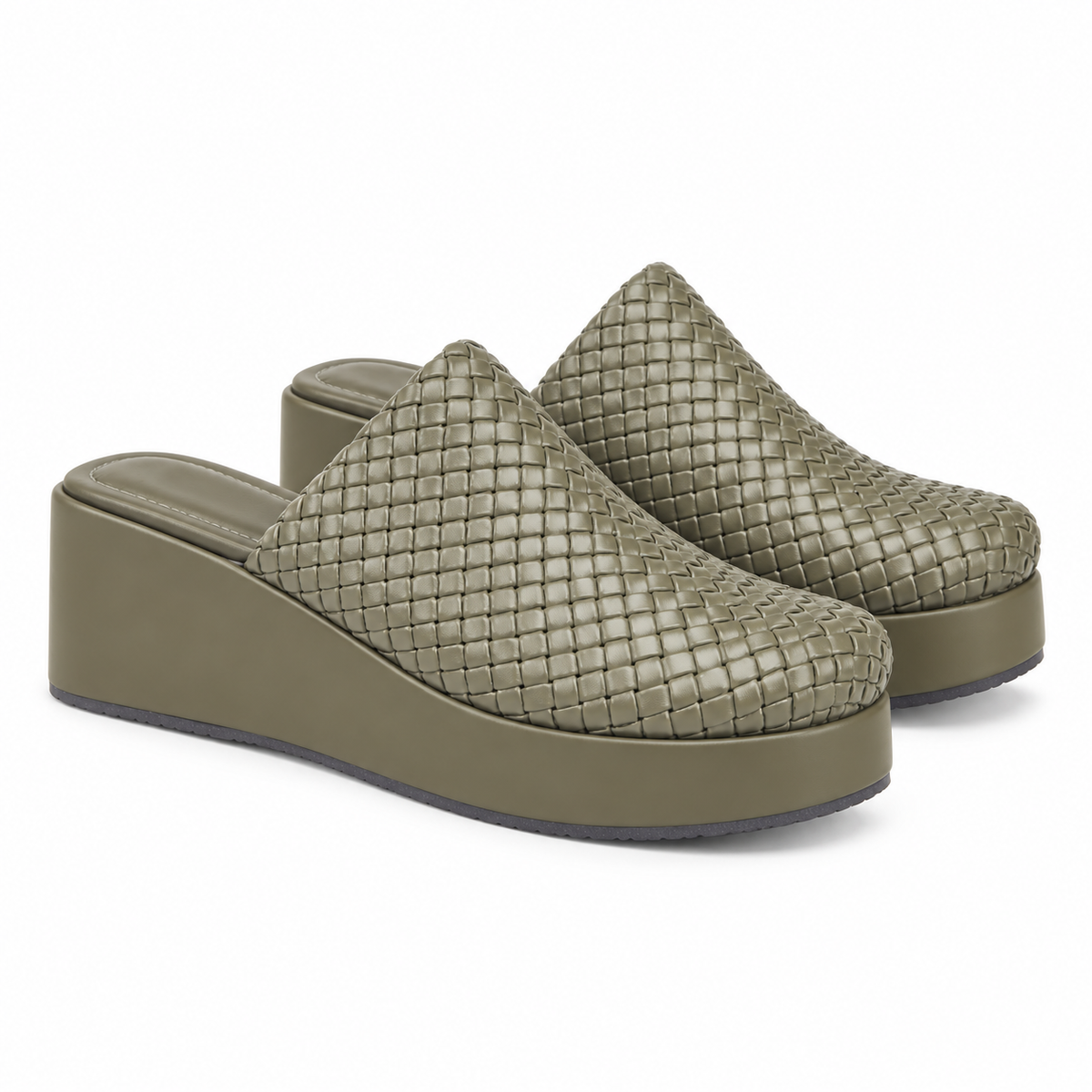 Sabot wedge 6cm — Olive woven slip-on mule with a wedge sole, pair, angled view — Scarpe Handmade