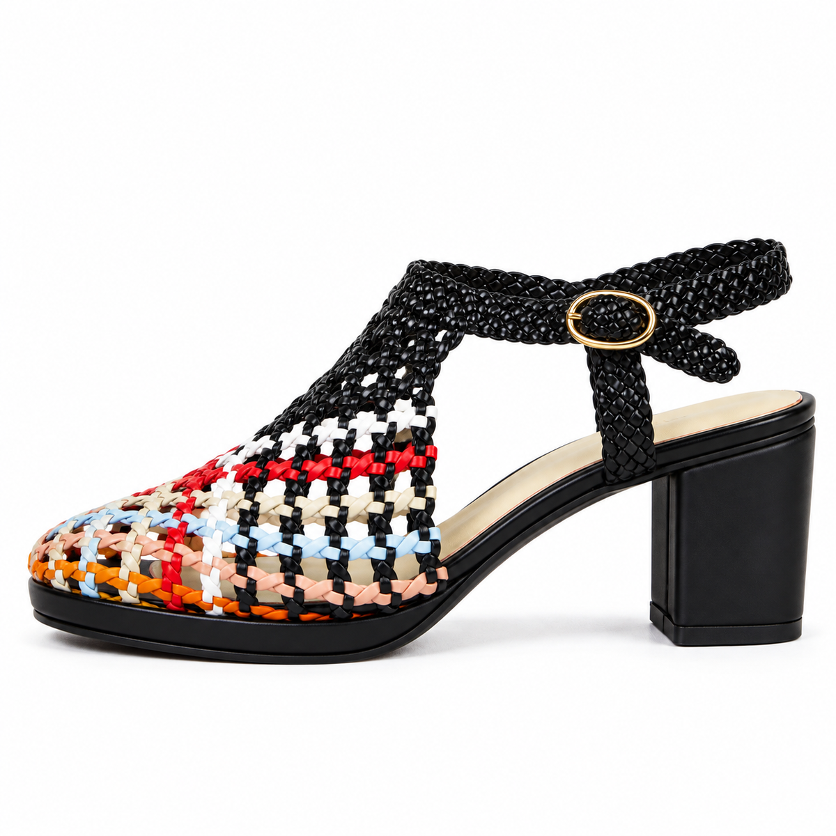 Vesba 5cm — Black with multicolored woven front woven shoe with a block heel, opposite side view — Scarpe Handmade
