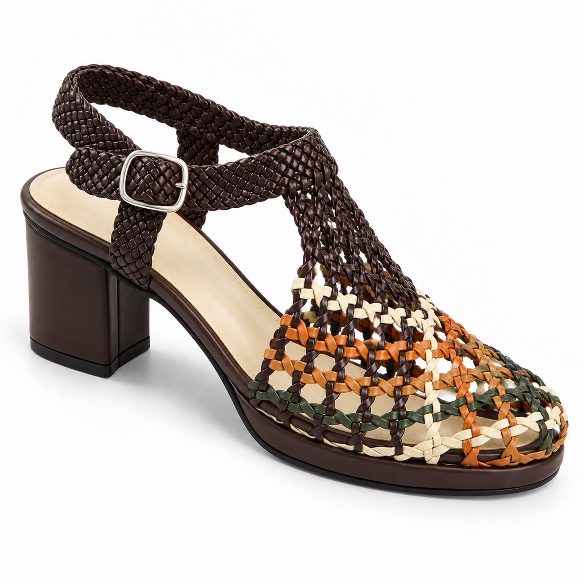 Vesba 5cm — Brown with multicolored woven front woven shoe with a block heel, front angled view — Scarpe Handmade