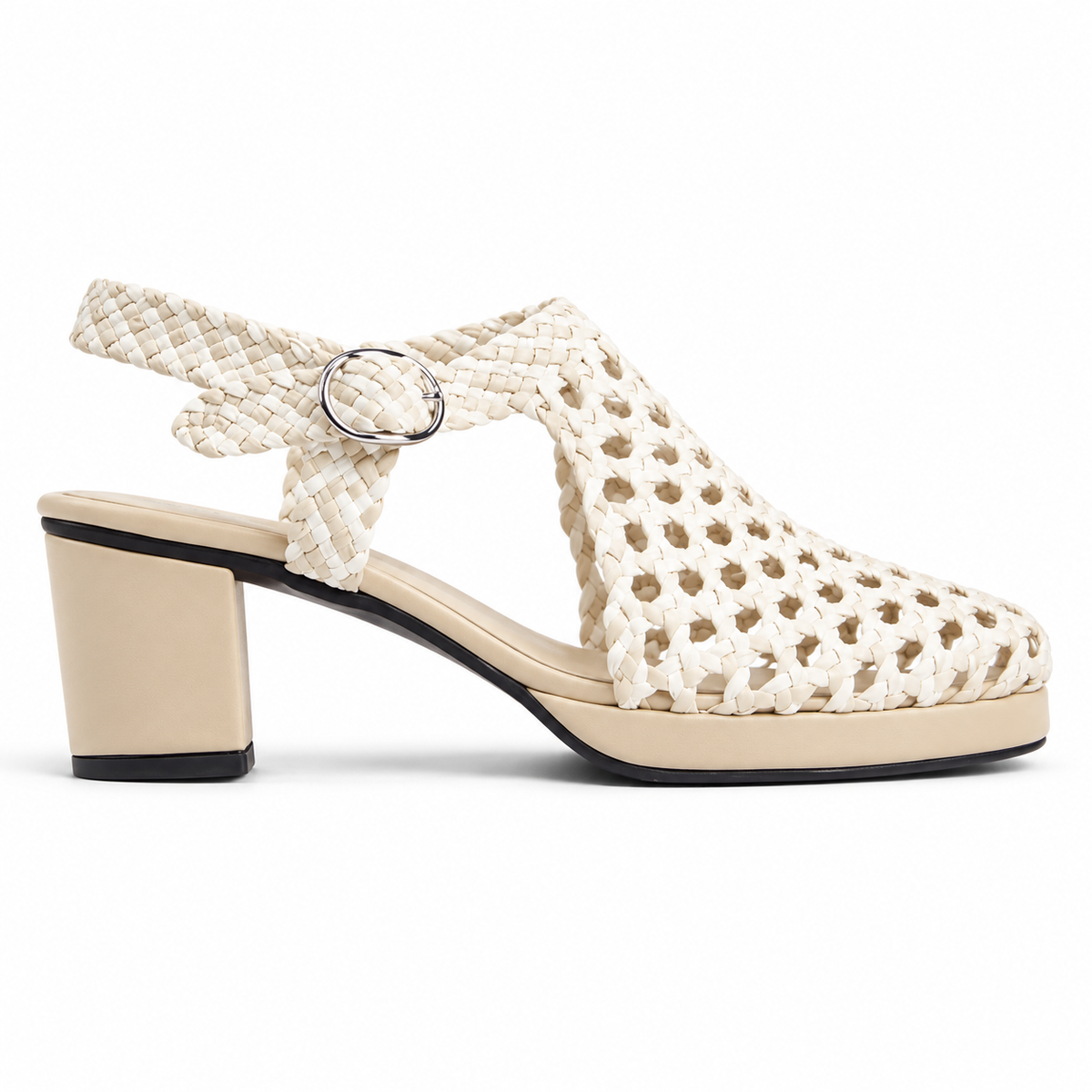 Vesba 5cm — Cream woven shoe with a block heel, side view — Scarpe Handmade