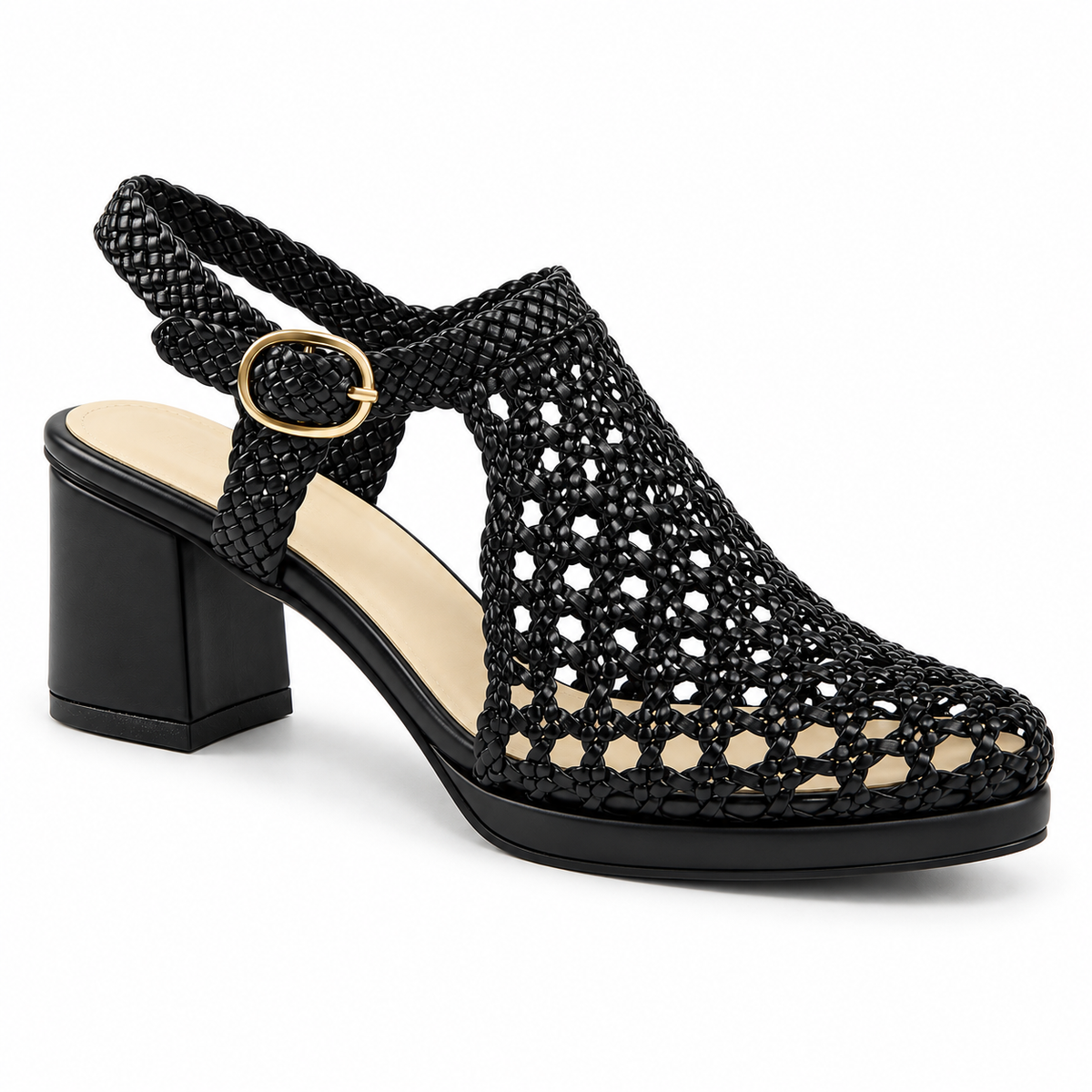 Vesba 5cm — Black woven shoe with a block heel, rear angled view — Scarpe Handmade