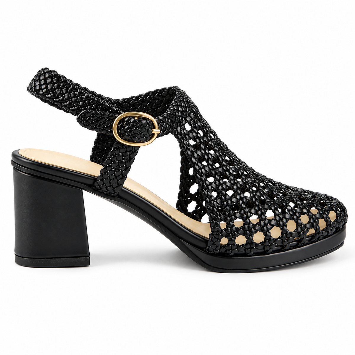 Vesba 5cm — Black woven shoe with a block heel, angled side view — Scarpe Handmade