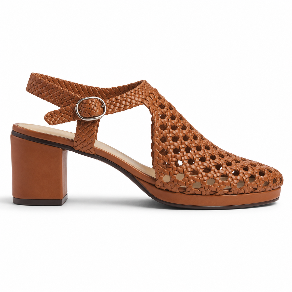 Vesba 5cm — Tan woven shoe with a block heel, side view — Scarpe Handmade