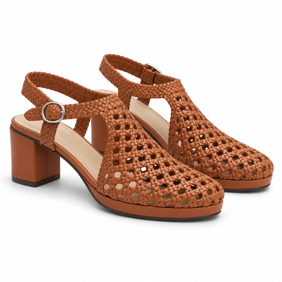 Vesba 5cm — Tan woven shoe with a block heel, pair, angled view — Scarpe Handmade