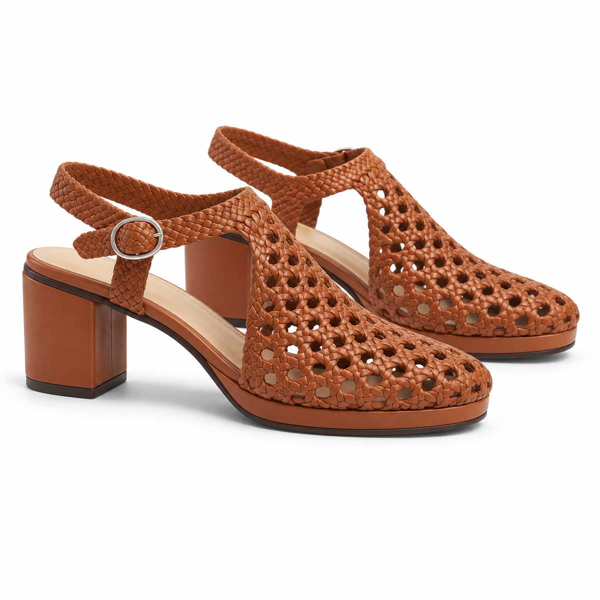 Vesba 5cm — Tan woven shoe with a block heel, pair, front view — Scarpe Handmade