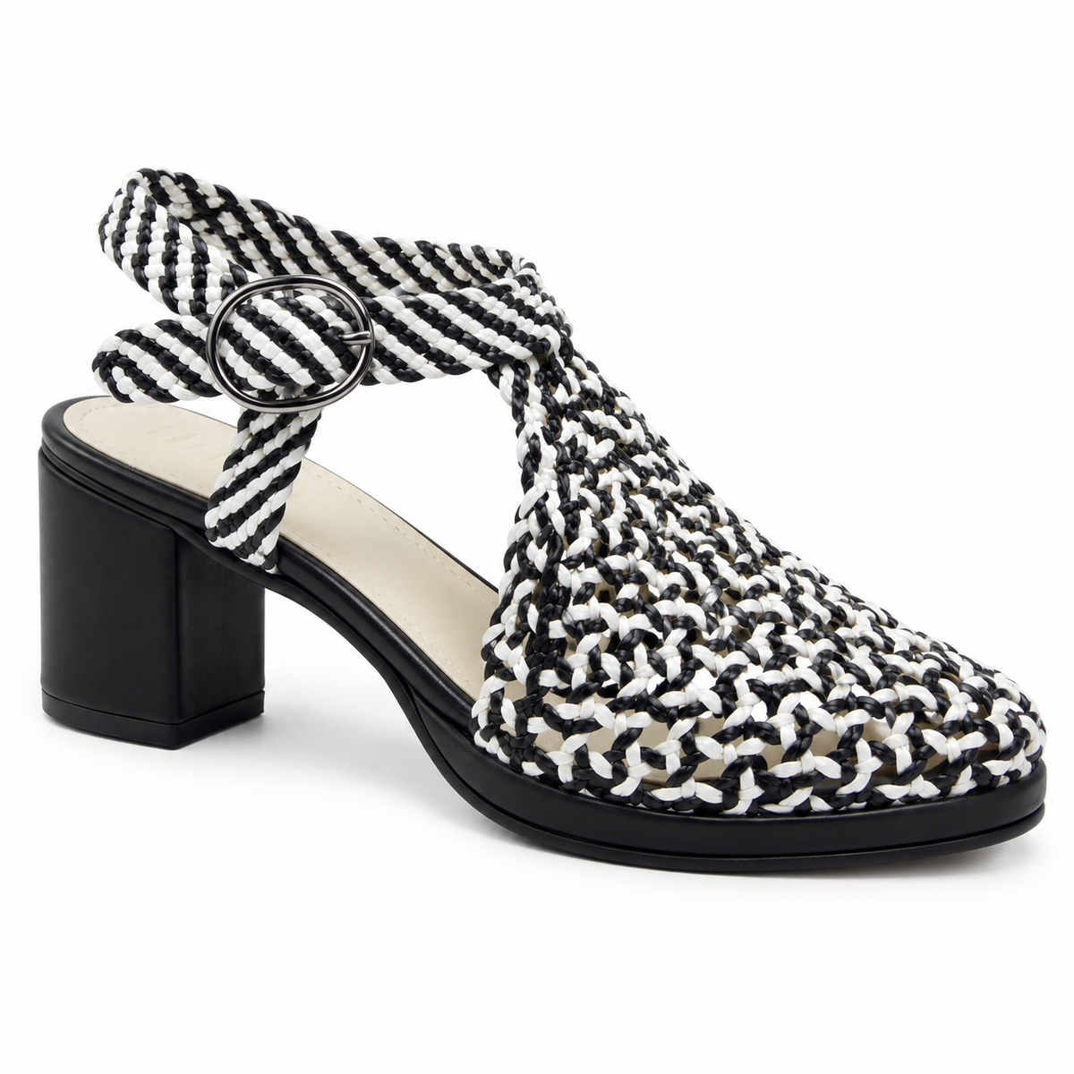 Vesba 5cm — Black-and-white patterned woven shoe with a block heel, rear angled view — Scarpe Handmade