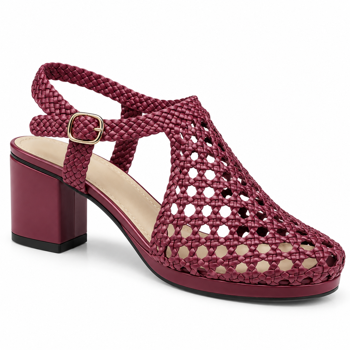 Vesba 5cm — Burgundy woven shoe with a block heel, front angled view — Scarpe Handmade