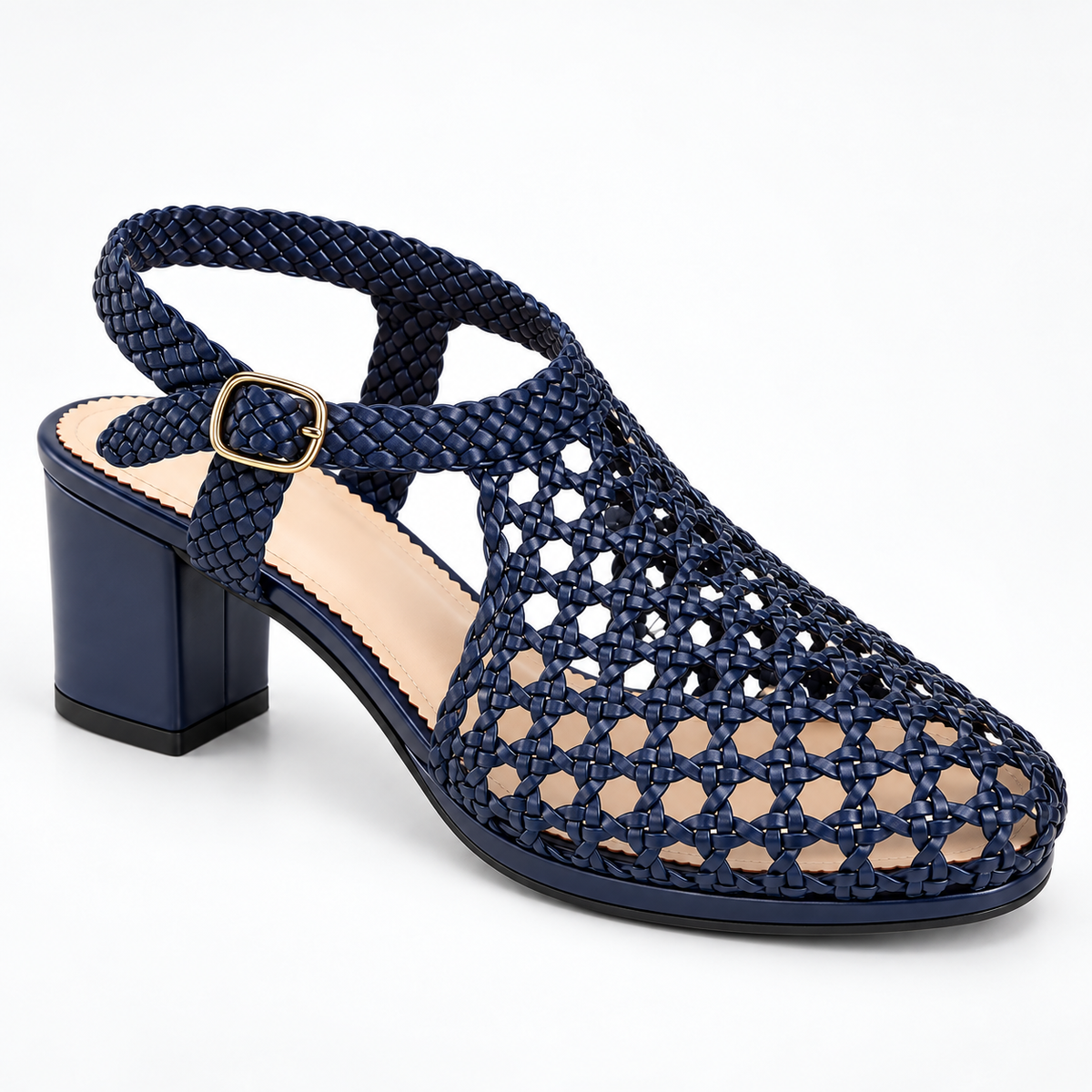 Vesba 5cm — Navy woven shoe with a block heel, pair, front angled view — Scarpe Handmade