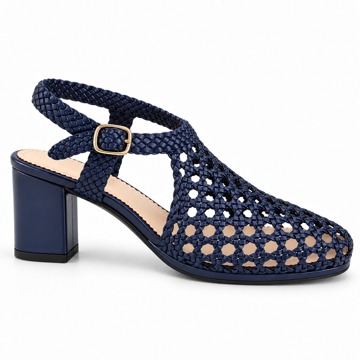 Vesba 5cm — Navy woven shoe with a block heel, side view — Scarpe Handmade